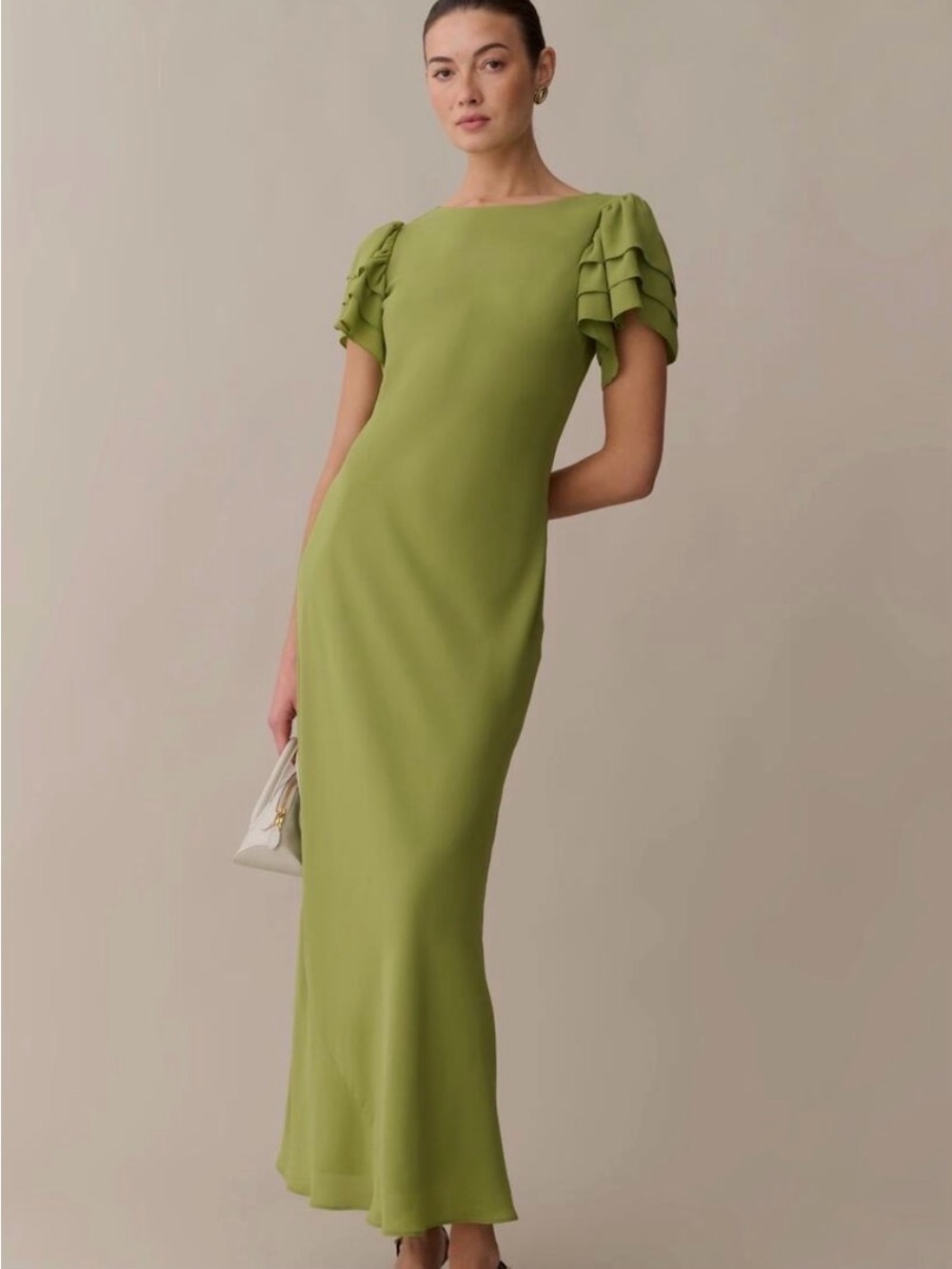 NWT o.p.t Olive Green Maxi Dress with Tiered Ruffle Sleeves Size S